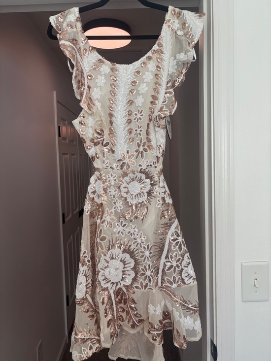 Selfie Leslie Dresses & Skirts - Selfie Leslie Cream Dress with Rose Gold Sequin Floral Embroidery